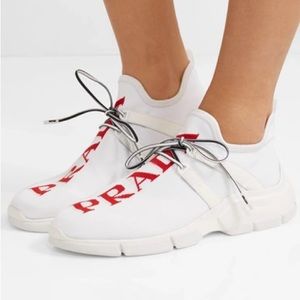 Prada White Knit Sock Red Logo Sneakers Rubber